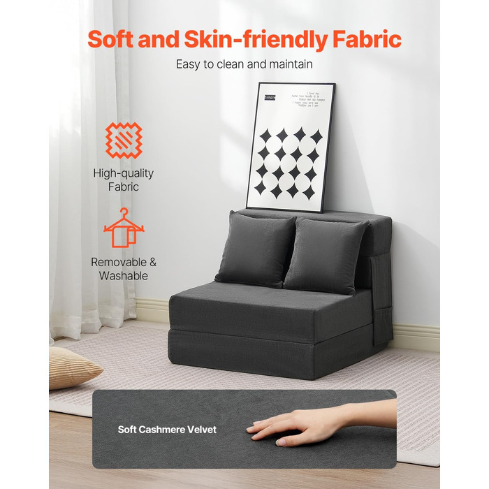 Диван-ліжко VEVOR 3-в-1 розкладний, з подушками, знімним чохлом, піна Memory Foam, сірий (односпальний) 1860x730x150 мм