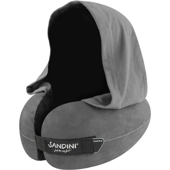 Подушка для подорожей SANDINI TravelFix Hoodie з ергономічною підтримкою шиї та капюшоном, преміум велюр, антрацит, чохол у комплекті