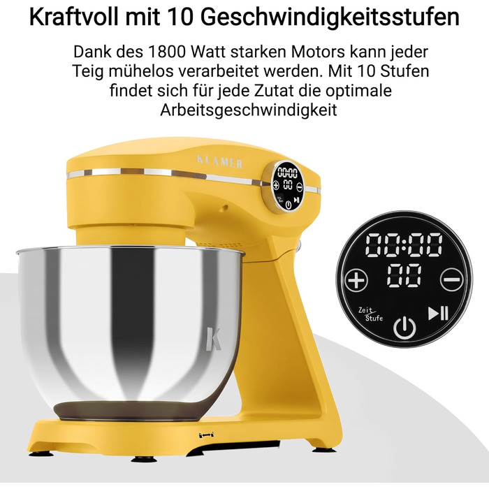 Кухонний комбайн KLAMER 1800W: планетарний міксер для тіста з чашею з нержавіючої сталі 6л, 10 швидкостей, таймером та набором насадок (Premium Yellow)