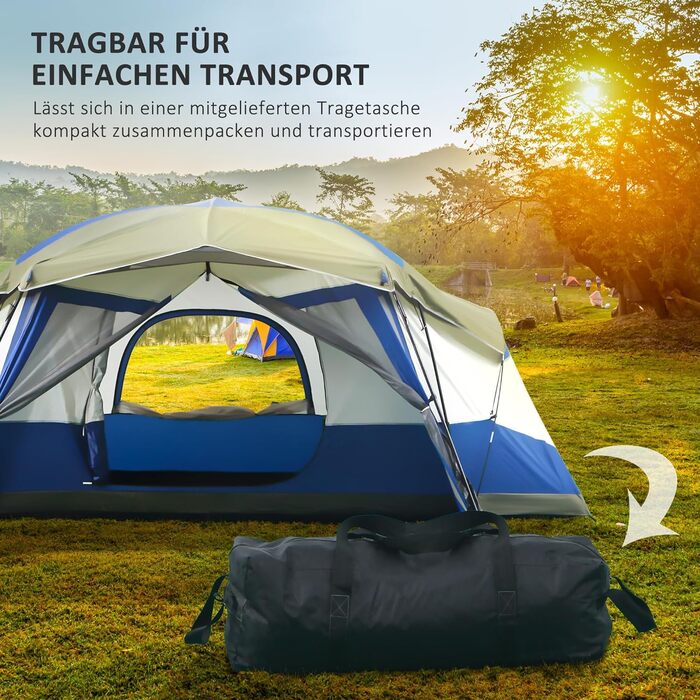Outsunny туристичний намет-купол з тамбуром, 2 вікна, для 6-8 осіб, сімейний намет для трекінгу та фестивалів, водонепроникність PU3000 мм, скловолокно, 518x487x237 см, синій