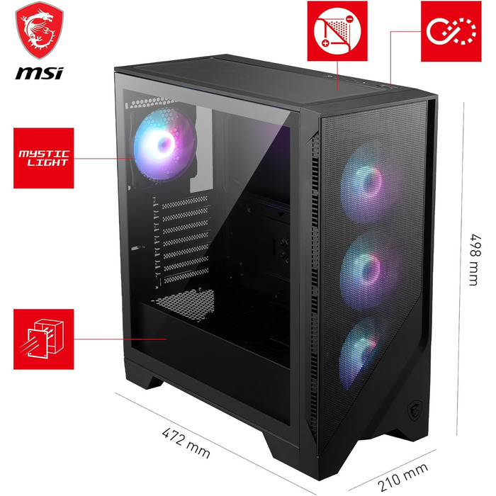 Корпус для ПК MSI MAG Forge 321R Airflow, Mid-Tower, підтримка ATX, сумісний з RTX 40, ARGB-вентилятори, магнітні пилові фільтри, загартоване скло, концентратор ARGB, USB 3.2 Gen 2x2 Type-C
