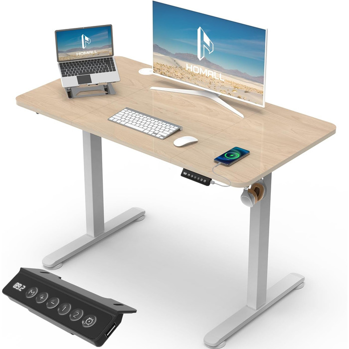 Регульований стіл Homall 100x60 см з USB-роз'ємом, комп'ютерний стіл для дому та офісу, ергономічний, бежевий