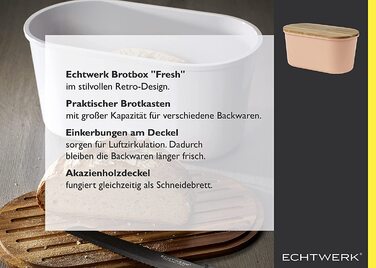 Хлібниця ECHTWERK FRESH із кришкою та дошкою з акації, місткість 1 кг, лососево-рожева, 37x22x17 см, контейнер для зберігання хліба