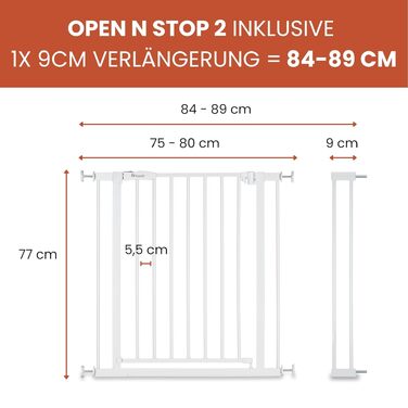 Захисний бар'єр Hauck Open N Stop 2 + 9 см (білий) для дітей та собак, ширина 84-89 см, висота 77 см, без свердління