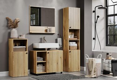 Тумба під умивальник на колесахх PureBliss від trendteam smart living, дуб Evoke, з рифленим фасадом, 2 відкриті полиці та 1 вставка, 80x64x42 см, стійка до подряпин