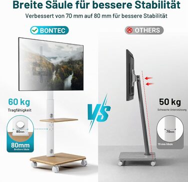 Мобільний стіна-підставка для телевізора BONTEC на колесах, 32-80 дюймів, дерев'яна основа, до 60 кг, білий