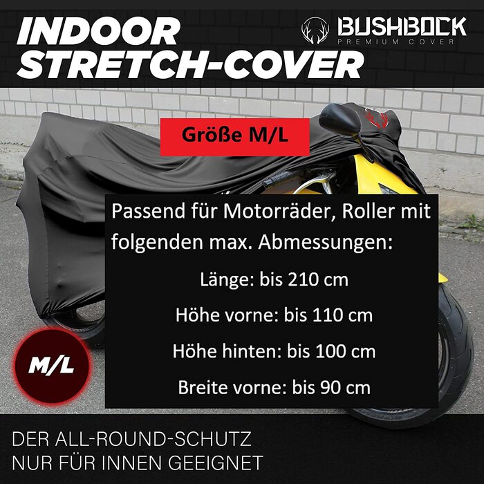Преміум чохол для мотоцикла в приміщенні BUSHBOCK® — еластичний пилозахисний покривал з дихаючого оксамитового стрейч-тканини, розмір M-L, чорний