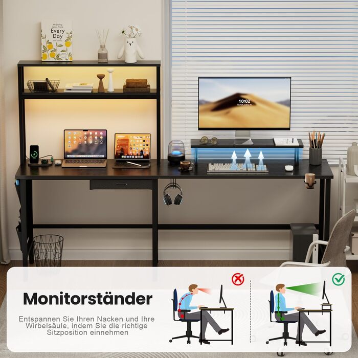Ігровий стіл L-подібний 170x100 см з LED, 3 розетки, 2 USB, стіл для геймінгу та офісу, чорний