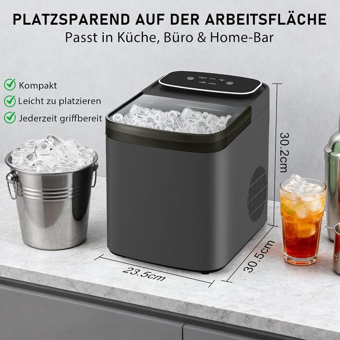 Льодогенератор Citybee з функцією самоочищення, 12 кг/доба, компактний Ice Maker для кухні, офісу та вечірок (Сірий)