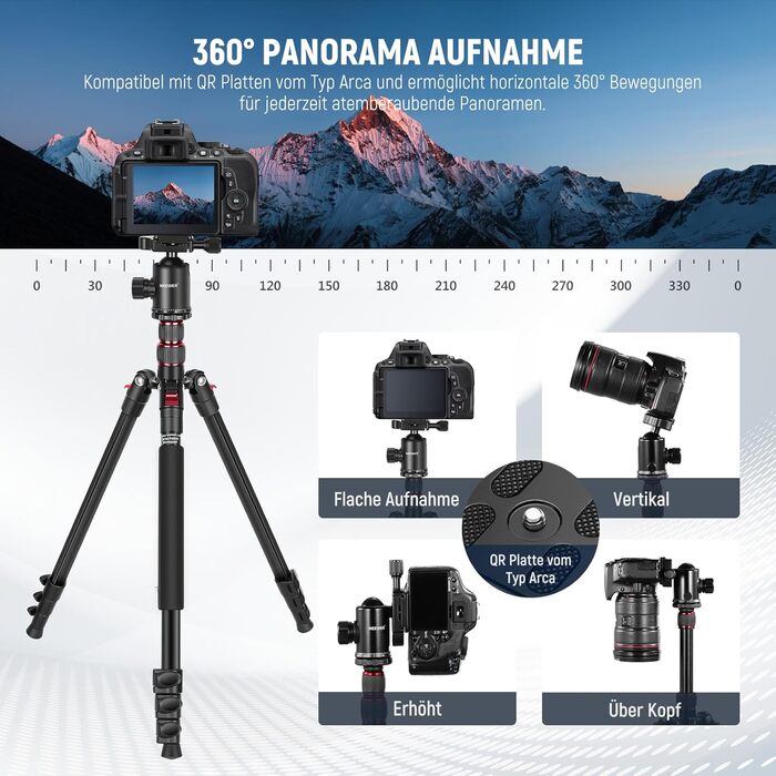 NEEWER 77'' штатив-монопод для DSLR і телефону, алюмінієвий, з 360° панорамною головкою, 2-осьовою центральною колоною, Arca QR, до 15,4 кг, сумка