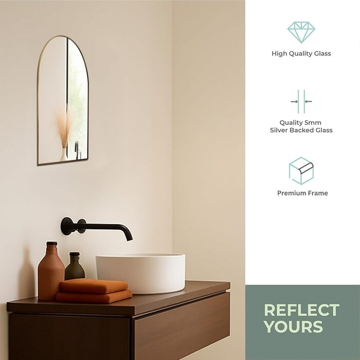 Дзеркало для ванної кімнати Arch Design Mood® Premium з золотою рамою, настінне, арочної форми, сучасне та стильне (50x40 см)