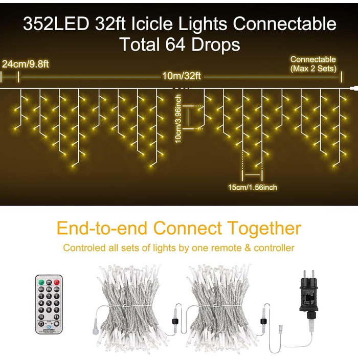 LED гірлянда 352 світлодіоди, 10 м, 11 режимів, IP44, мідний дріт, для дому, саду, вечірки, весілля, Різдва, кімнати, патіо, штори, з пультом, таймер