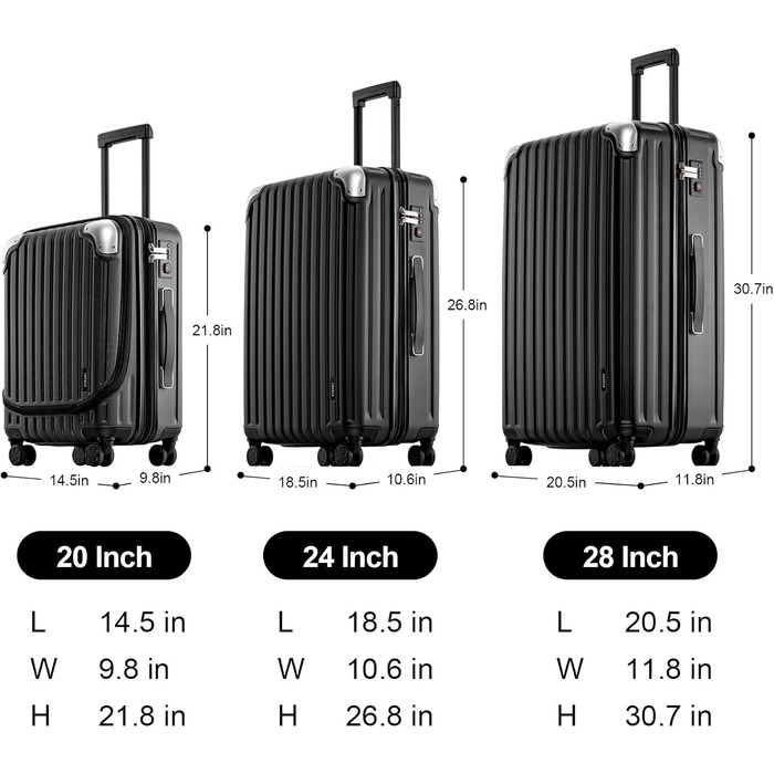 Комплект валіз LEVEL8 3-в-1: легкий жорсткий ABS+PC, розширюваний, TSA-замок, 4 колеса, 55/68/78 см, чорний
