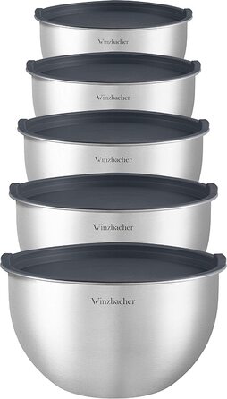 Набір мисок із нержавіючої сталі Winzbacher з кришками, 5 штук (1л, 1,5л, 2,5л, 3,5л, 4,5л), рифлені, для змішування та салатів, нековзкі, штабельовані, можна мити в посудомийній машині, з теркою