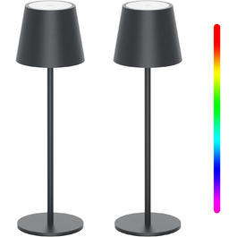 K-Bright LED акумуляторна димована настільна лампа, 2 шт, бездротова, алюміній, IP54, тепле світло 3000K+RGB, USB-C, антрацит