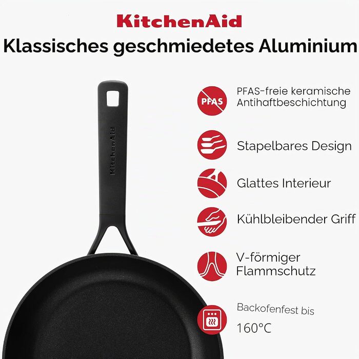 Набір сковорідок KitchenAid Classic для індукційних плит (20, 24, 28 см), керамічне антипригарне покриття без PFAS, посудомийна машина та духовка, чорний