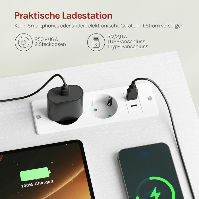 Комп'ютерний стіл WOLTU з 2 шухлядами, вбудованими розетками, USB та Type-C портами, підставкою для навушників та полицями, 120 x 51 x 75 см, білий