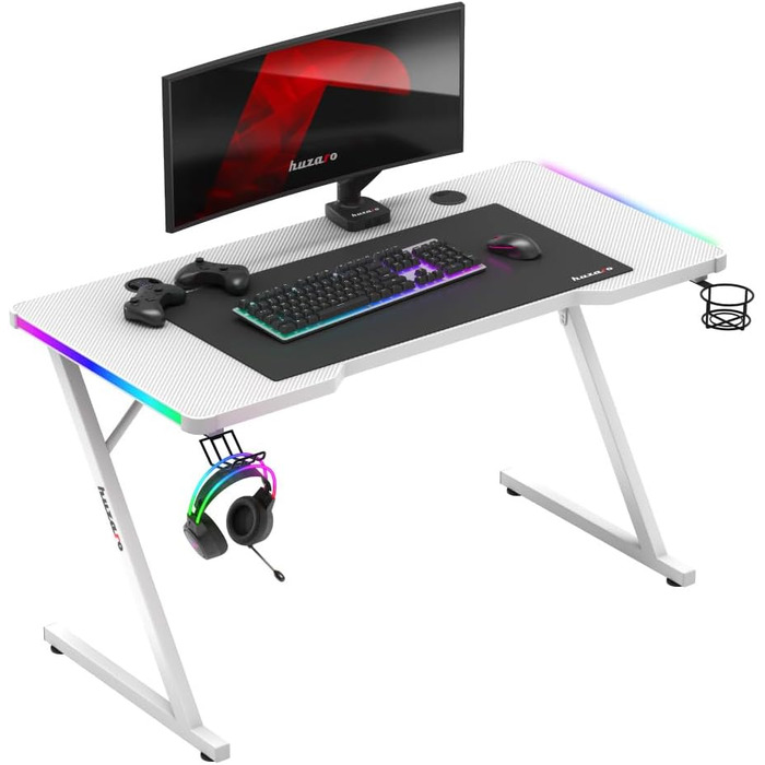 Геймерський стіл Huzaro Hero 2.5 120x60 см, RGB LED підсвітка, USB, тримачі для напоїв і навушників, карбонова стільниця, чорний