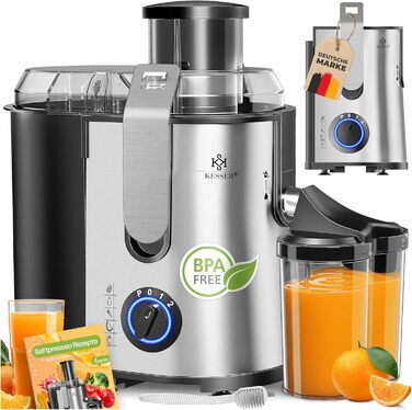 KESSER® Електрична центрифужна соковитискачка для фруктів та овочів з нержавіючої сталі 1100W, велика завантажувальна трубка, 3 швидкості, сірий/срібний колір