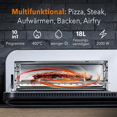Мультифункціональна піч PizzaAirfryer400 срібляста, 12 в 1: піч для піци до 400°C, аерофритюрниця, гриль, духовка з чавунним деко та каменем для випікання, XXL