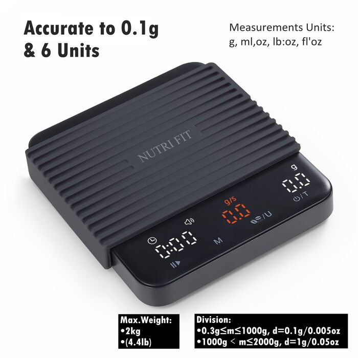 Ваги для кави NUTRI FIT Mini з таймером, USB-C, LED-дисплеєм, 2 кг/0,1 г, чорний