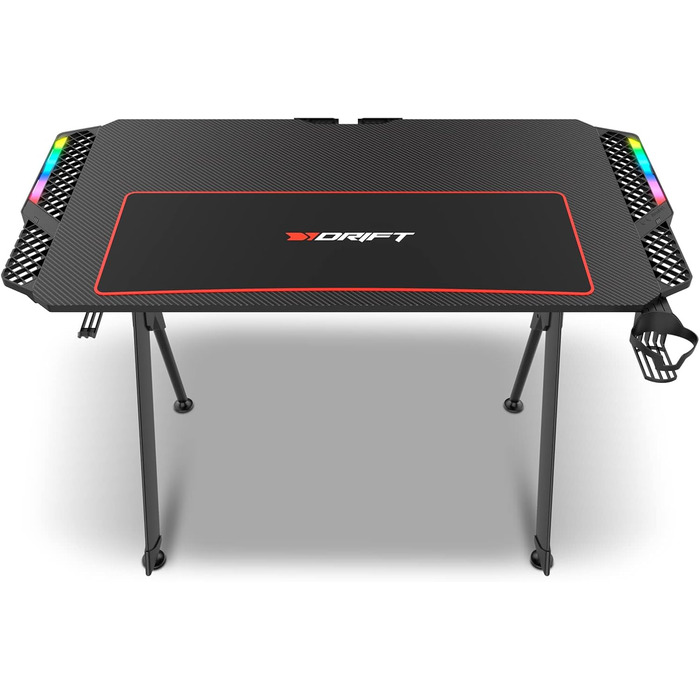 Ігровий стіл DRIFT GAMING з карбоновою поверхнею, RGB підсвічуванням, підстаканниками та тримачем для навушників, чорний (DRDZ150RGB)