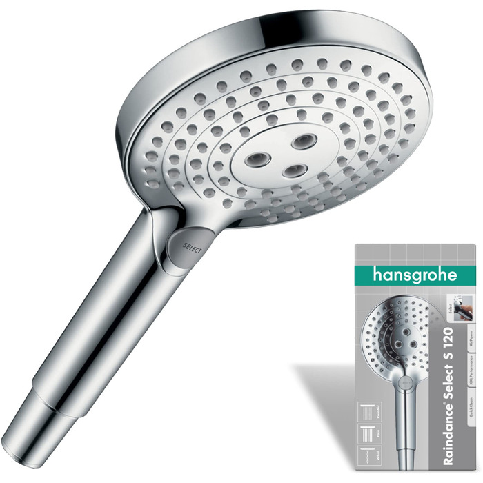 Душова лійка Hansgrohe Raindance Select S, ручна з 3 режимами розпилення, діаметр 120 мм, з функцією AntiKalk, хром