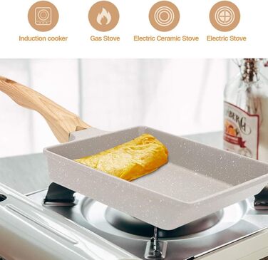 Японська омлетниця Tamagoyaki RANJIMA, прямокутна антипригарна сковорода для яєчні з ізольованою дерев'яною ручкою, алюмінієва, для індукції та газу, 19x16 см, біла