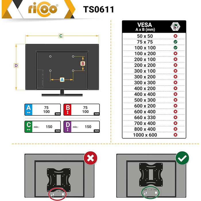 Підставка для монітора RICOO TS0611 - регульована, для 13-32 дюймів, VESA 75x75/100x100