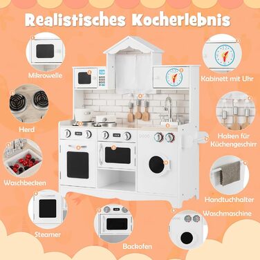 Дитяча дерев'яна кухня DREAMADE з аксесуарами, ігрова кухня зі мийкою, плитою, духовкою, мікрохвильовкою та пральною машиною, іграшкова кухня для дітей від 3 років, 78 x 29 x 93 см