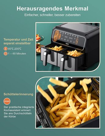 Інскій аерофритюрниця подвійна 8 л, 8 програм, 2 кошики, без олії, Dual Cook, Shake, XL