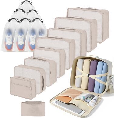 Набір органайзерів для подорожей Packing Cubes (16 предметів), органайзери для валізи та одягу, дорожні сумки для пакування речей, бежевий колір