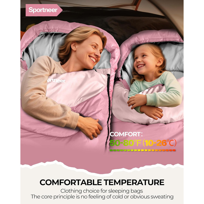 Спальний мішок для дітей та дорослих Outdoor, легкий та компактний (220x80 см), рожевий, температурний режим +10...+26 °C