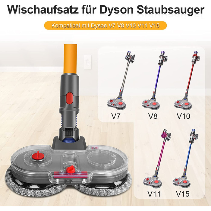 Електрична насадка для миття підлоги RUKHOOL для пилососів Dyson V7/V8/V10/V11/V15 з 8 серветками та резервуаром для води