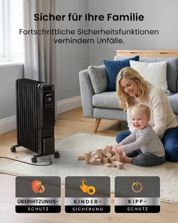 Електричний масляний радіатор Pro Breeze 2500Вт, 11 секцій, смарт-обігрів з термостатом, таймером на 24г та сенсорним дисплеєм, чорний