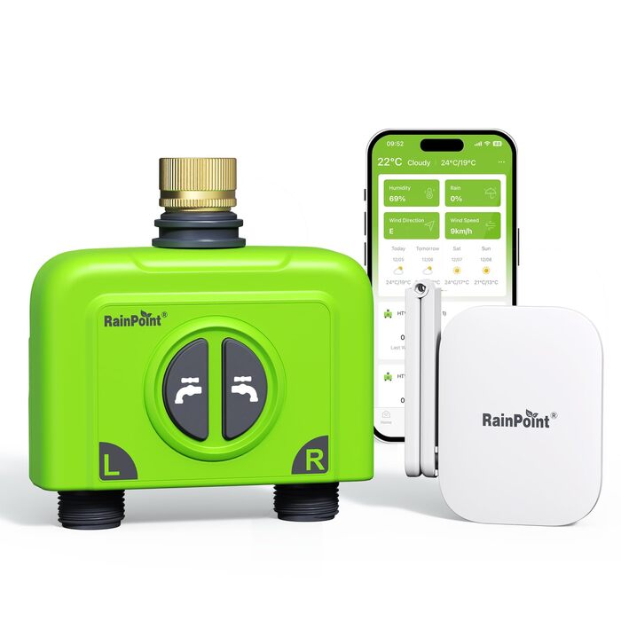 Таймер поливу RainPoint WiFi 2 канали з антенним шлюзом, латунним входом, керуванням через додаток та голосовий помічник, IP65. Автоматична система поливу для саду, 2 зони, 6 графіків