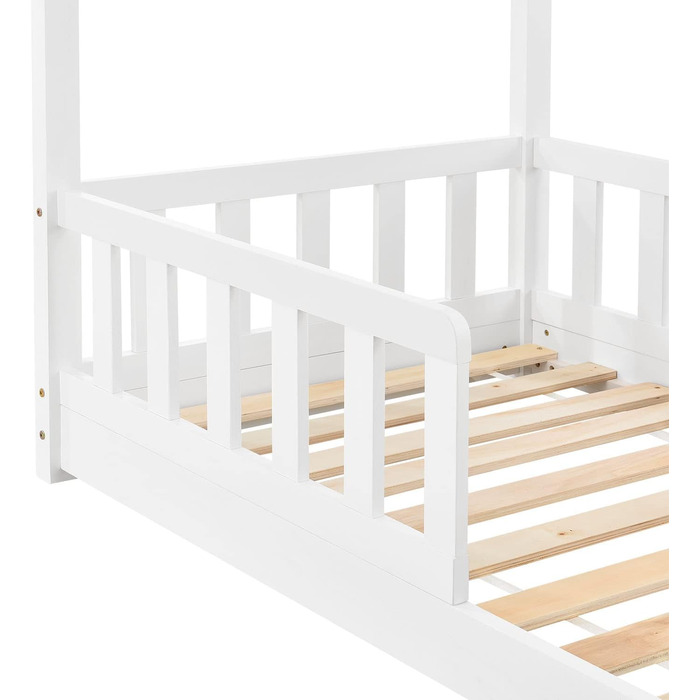 Дитяче ліжко Juskys Marli 80x160 см з бортиком, ламельною основою та дахом, будиночок з масиву дерева, біле