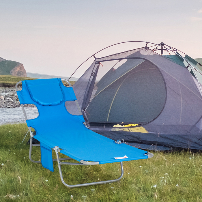 Outsunny Sun Lounger Складний садовий шезлонг з вікном для читання, подушка, шезлонг з регульованою спинкою в 5 напрямках, стійкий до погодних умов шезлонг для кемпінгу з навантаженням до 120 кг, для садового пляжного басейну, синій