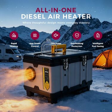Автономний дизельний обігрівач Sunster 8кВт All-in-One з Bluetooth, керуванням через додаток та CO-датчиком для кемпера, автобуса, вантажівки та човна