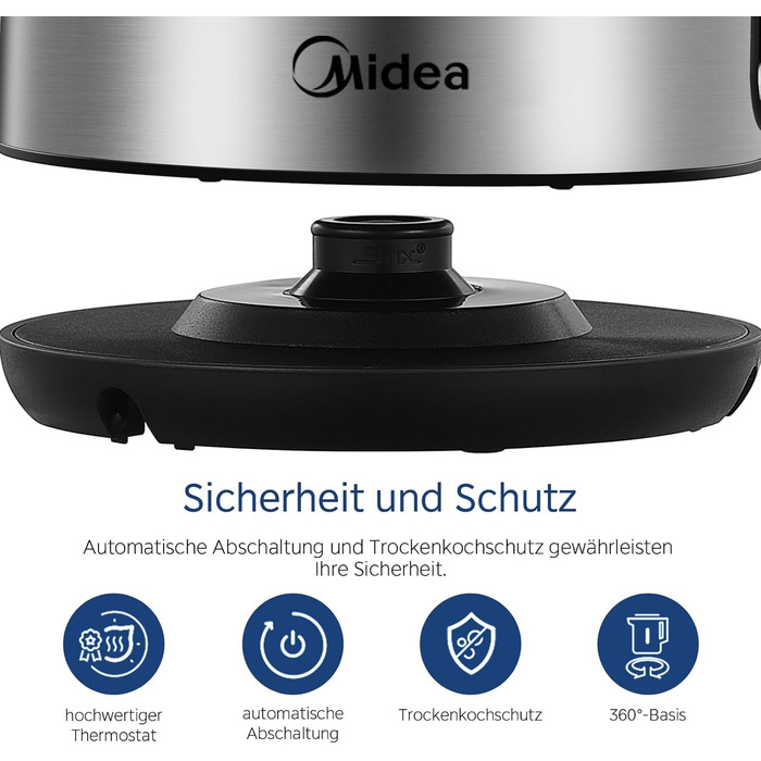 Електрочайник Midea MK-17S30A2 з нержавіючої сталі, 1.7 л, BPA-free, 2200 Вт, швидке кип’ятіння, ізольована ручка, індикатор рівня води, LED-підсвітка, захист від перегріву