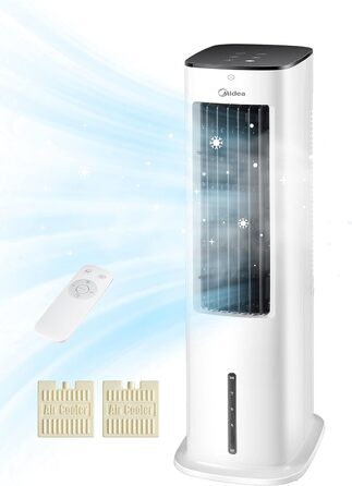 Мобільний кондиціонер Midea з водяним охолодженням, іонізацією та зволоженням, з резервуаром для води 5 л, 355 м³/год, без повітроводу, пульт, 55 Вт, білий