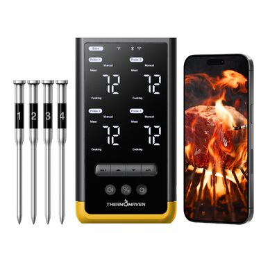 Розумний бездротовий термометр для м'яса ThermoMaven з базовою станцією, Bluetooth та Wi-Fi, 4 щупи (6 сенсорів), NIST-сертифікований, для смокера, духовки та BBQ, золотисто-жовтий