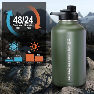 Термос-фляга OneTigris Edelstahl 1.9л (64oz) з чохлом, спортивна фляга для води, 3 кришки для велосипеда, кемпінгу, йоги, спортзалу, полювання, риболовлі - Оливково-зелений