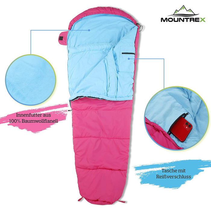 Дитячий спальний мішок MOUNTREX, мумія, легкий, компактний, 175x70x45 см, рожево-блакитний, 100% бавовна, для кемпінгу, подорожей