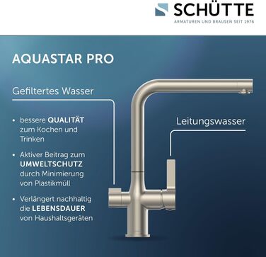 Кухонний змішувач SCHÜTTE 99805 AQUASTAR PRO з системою фільтрації води, 3-ходовий кран для питної води проти вапна та важких металів, нержавіюча сталь