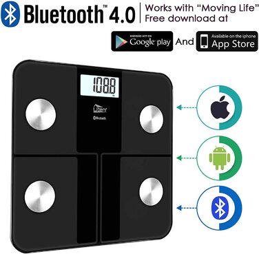Цифрова вага-аналізатор Uten з Bluetooth, вимірювання жиру, вага до 180 кг, чорна, синхронізація з додатком