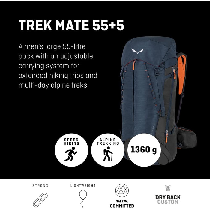 Рюкзак туристичний Salewa Trek Mate 55+5 л для чоловіків, універсальний розмір, сірий Quiet Shade