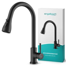 Змішувач кухонний Engelbach® висувний, поворотний на 360°, нержавіюча сталь 304, 2 режими струменя, чорний