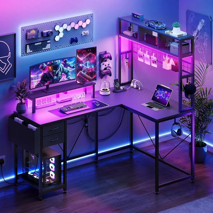 Ігровий кутовий стіл YITAHOME з розетками та LED підсвіткою, 150x100x150 см, чорний - стіл для комп'ютера з полицями та підставкою під монітор для дому/офісу
