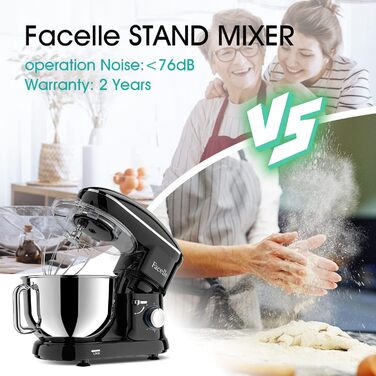 Кухонна машина Facelle 1500W з нержавіючою чашею 6.2 л, 6 швидкостей, комплект насадок (чорна)